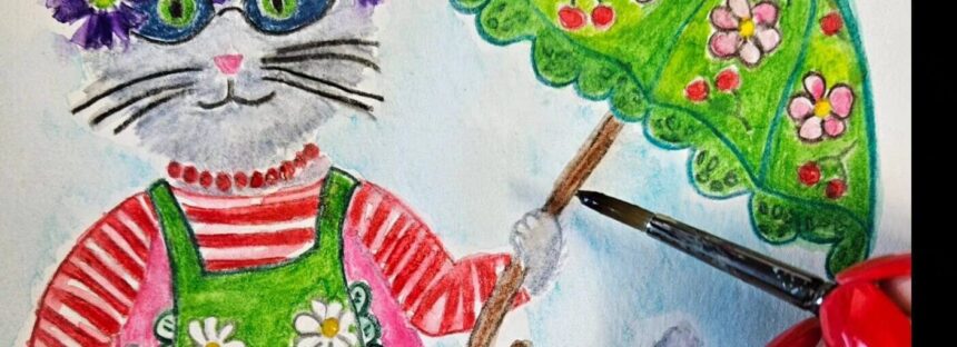 Watercolor drawings by Helena-Reet: “Whimsical Cat Art ” (series painting nr. 1), June 2024